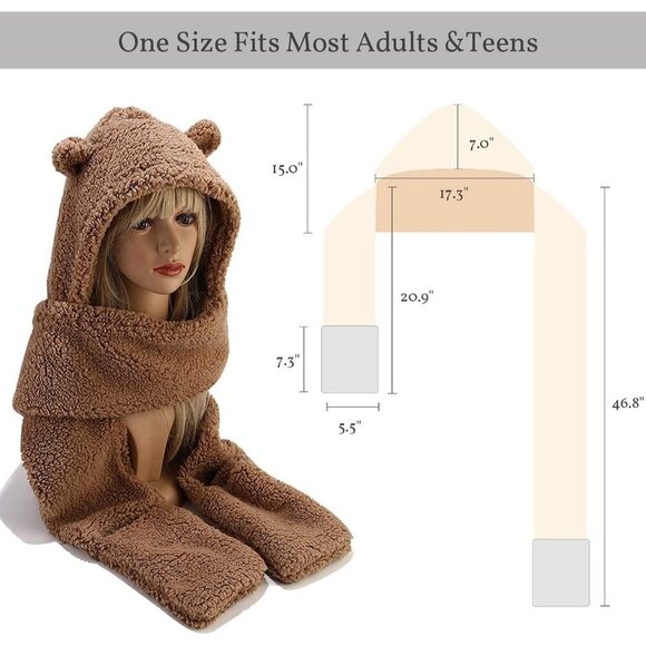 Unisex Brown Winter Bear Ear Sherpa Hood Hat Scarf Gloves 3 in1 100% Polyester - Picture 5 of 5